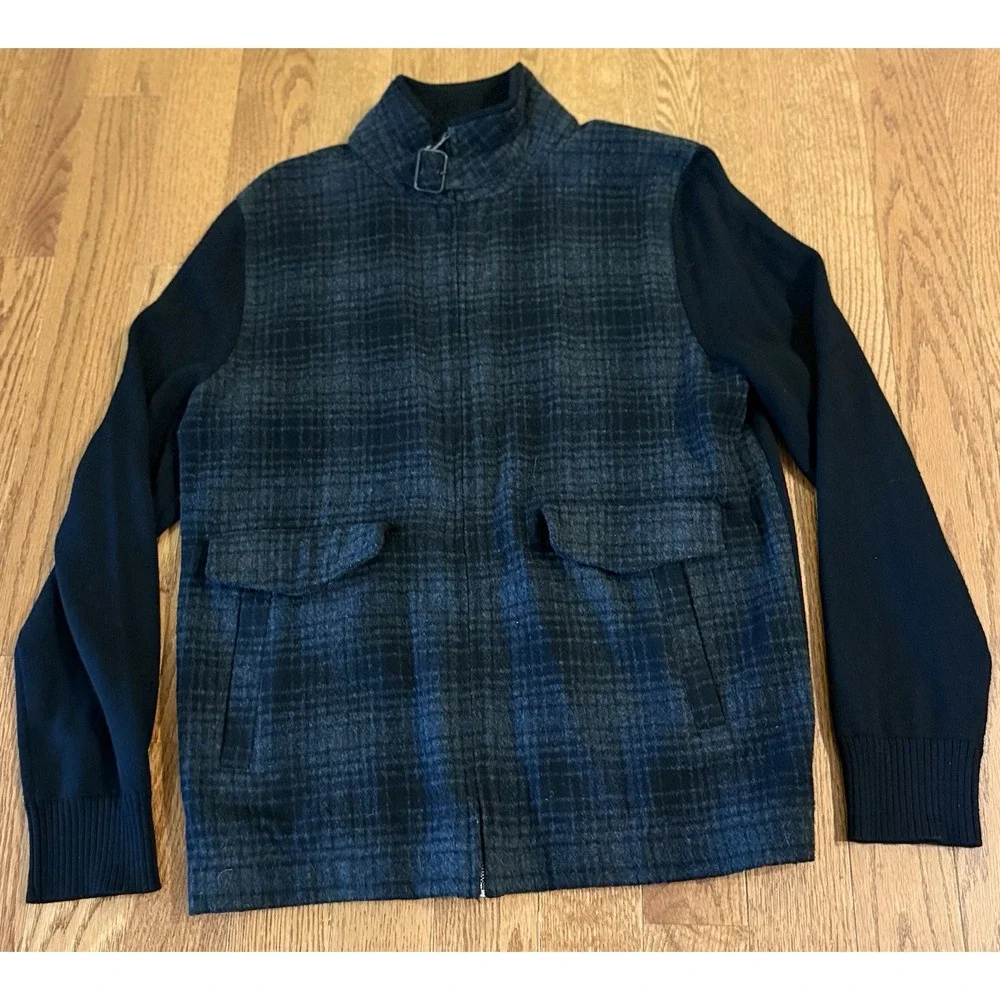Banana Republic Wool Shadow Plaid Full Zip Buckle Neck Sweater Jacket Mens M